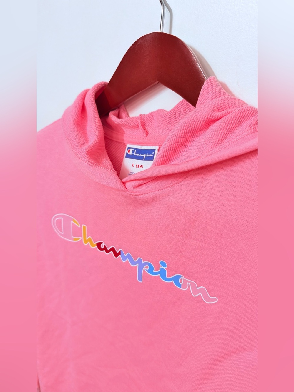 Champion Pink Kids Hoodie with Multicolor Logo